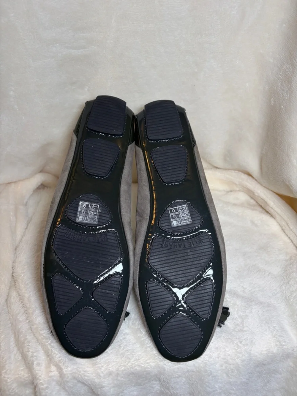 Elie Tahari Gray Suede Loafers with Tweed and Patent‎ Tassels